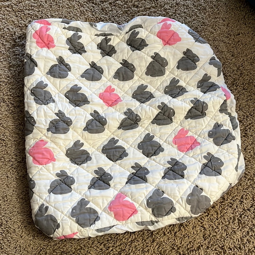 The Land of Nod now Crate and Barrel kids gray and pink bunny changing pad cover